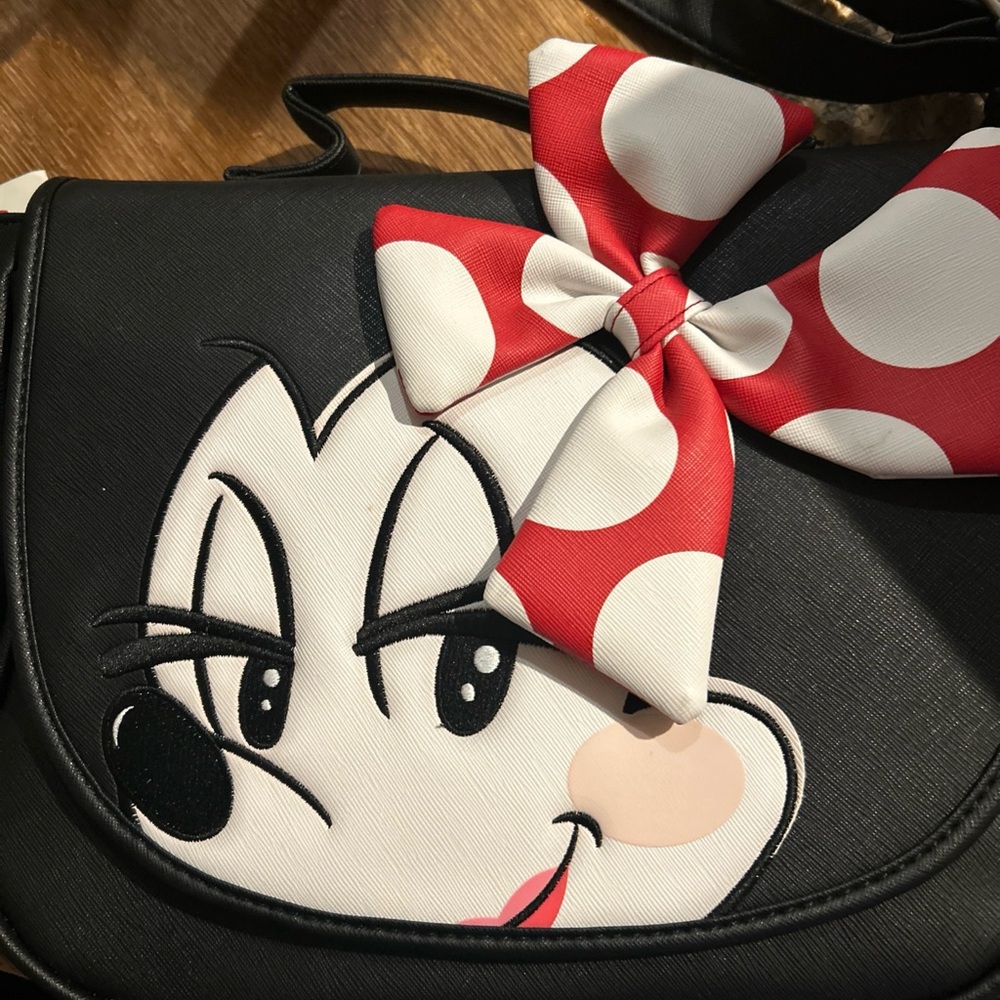 Minnie Mouse Crossbody Loungefly Bag with signature Red Polka Dot Bow.
